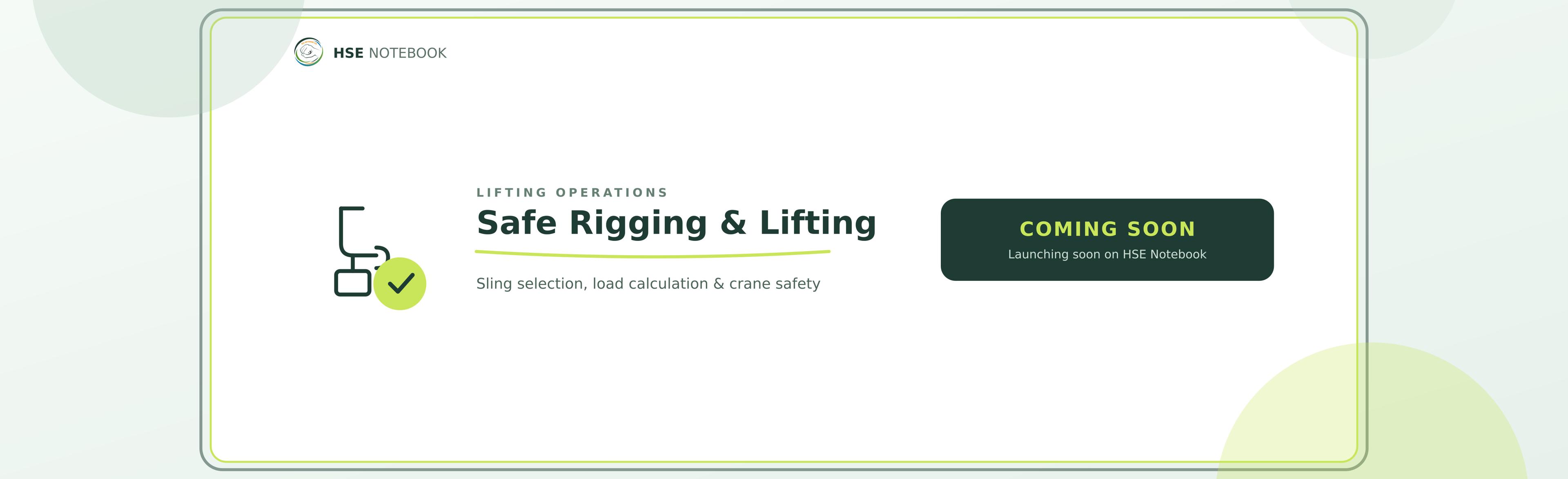 Safe Rigging and Lifting course banner (coming soon): sling selection, load calculation and crane safety