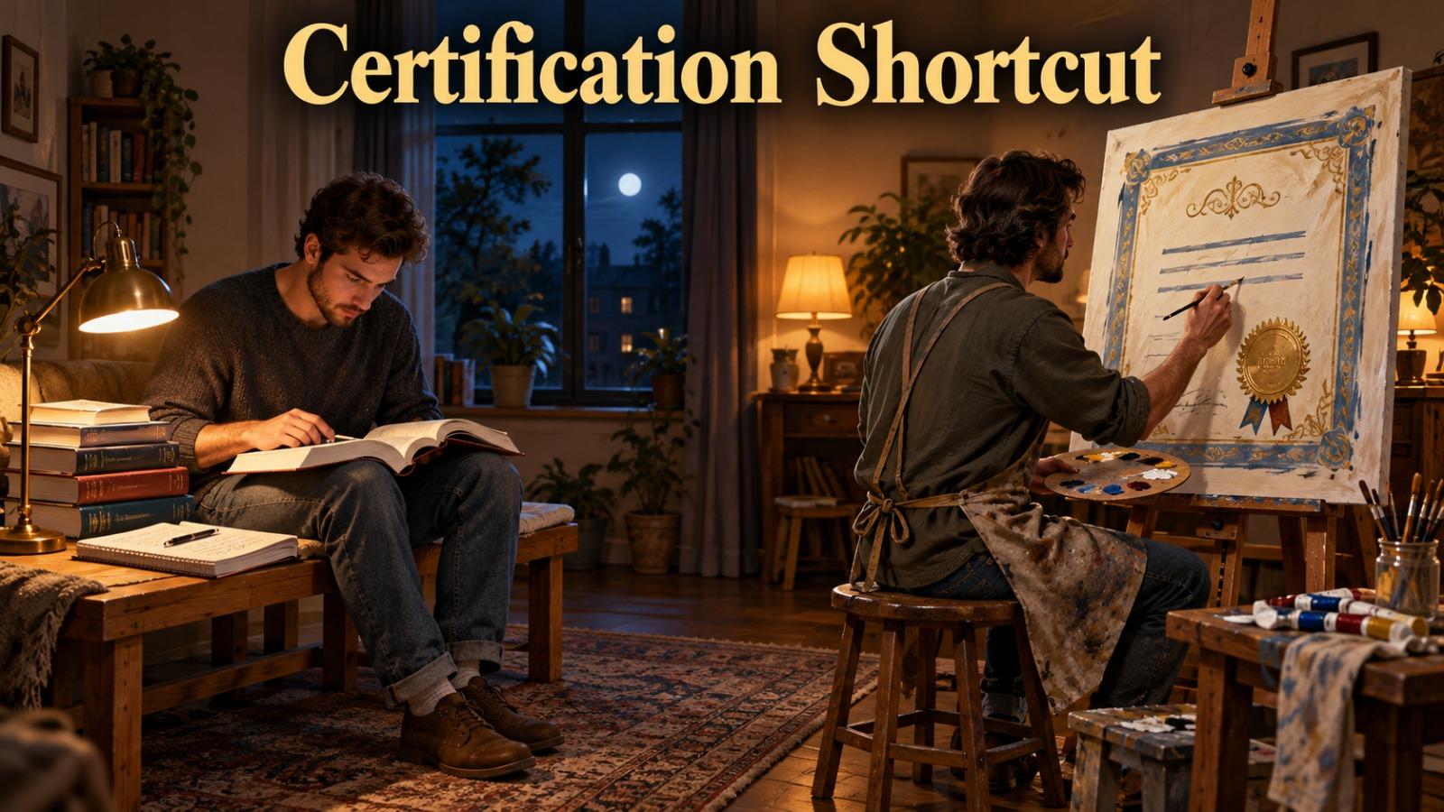Two people at night: one studies from a stack of books while the other paints a certificate on a canvas, illustrating the certification shortcut
