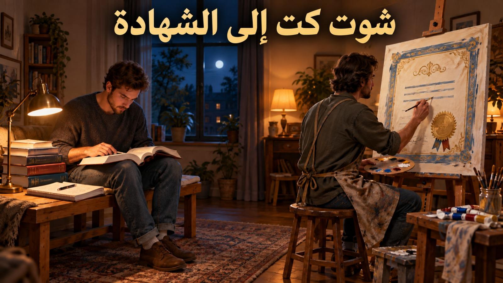 شخصان ليلًا: أحدهما يذاكر من كومة كتب والآخر يرسم شهادة على لوحة، تعبيرًا عن اختصار الطريق إلى الشهادة