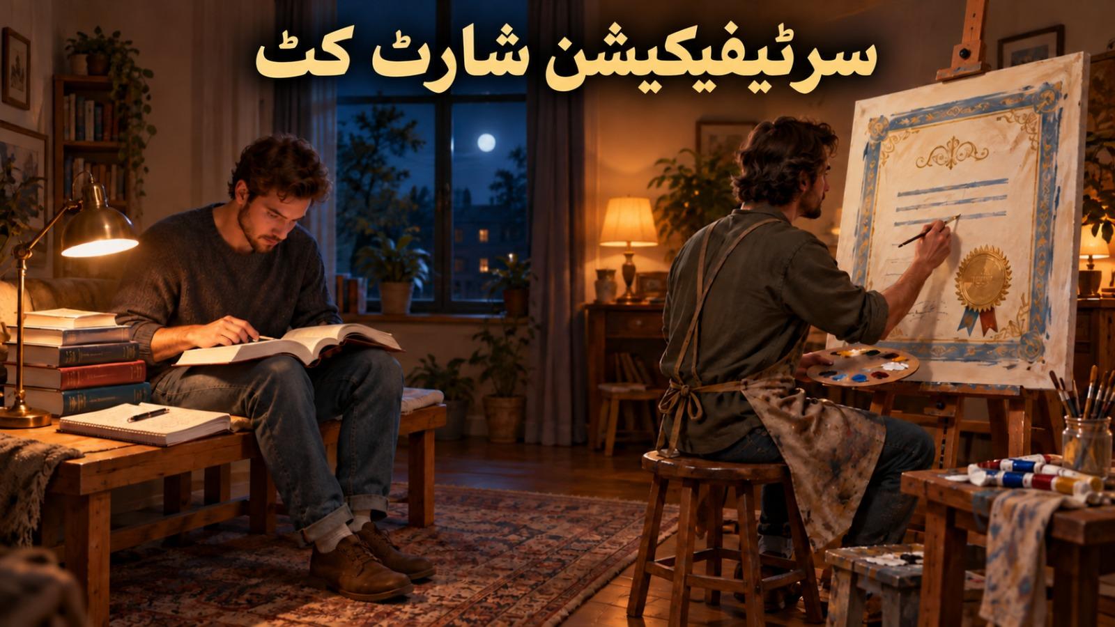 رات کے وقت دو افراد: ایک کتابوں کے ڈھیر سے پڑھ رہا ہے اور دوسرا کینوس پر سند پینٹ کر رہا ہے، سرٹیفیکیشن شارٹ کٹ کی علامت